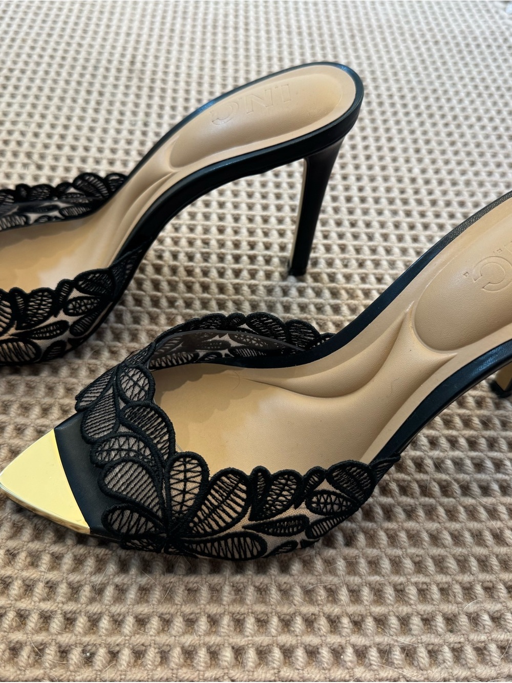 INC International Concepts Black Lace Peep-Toe Mules with Gold Toe Cap